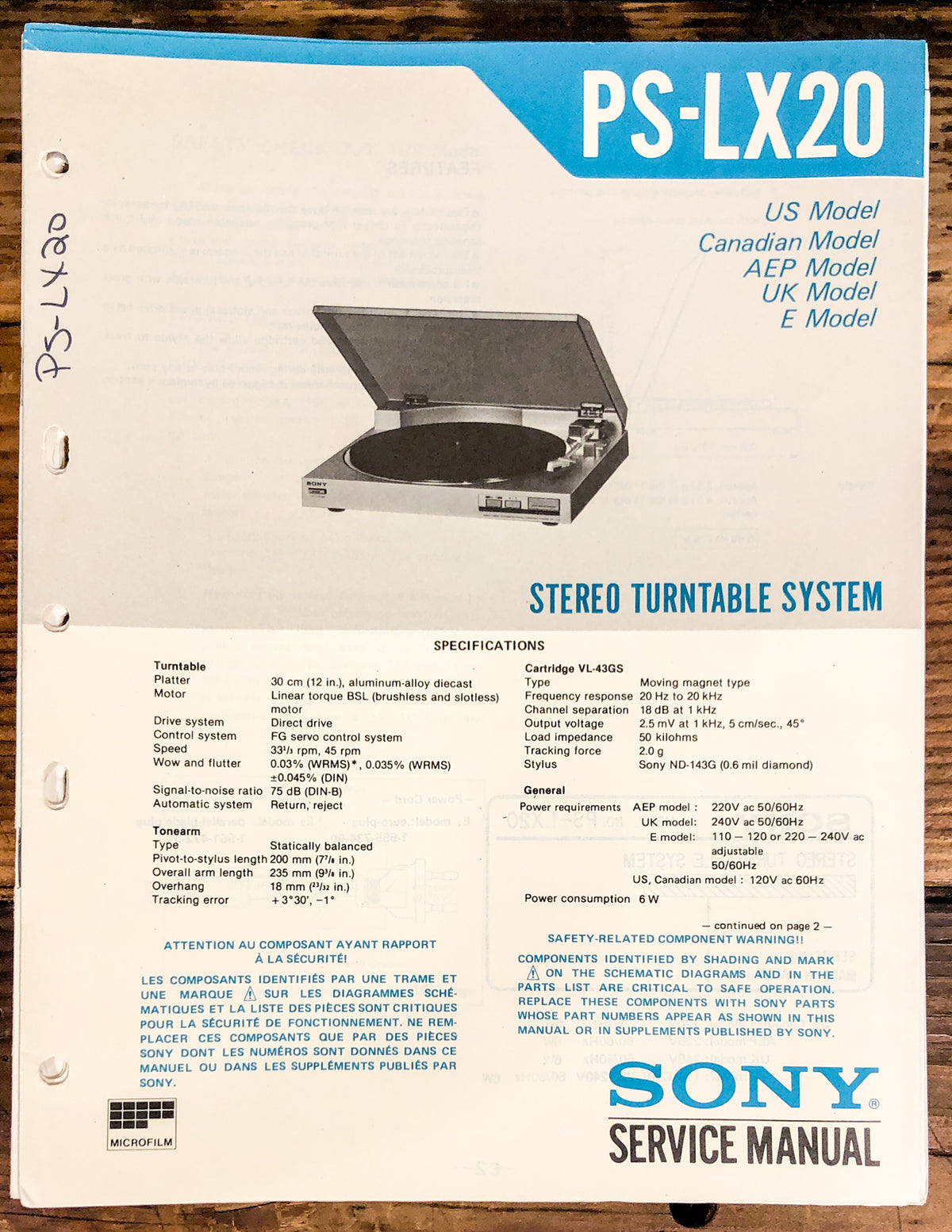 Sony PS-LX20 Record Player / Turntable Service Manual *Original*