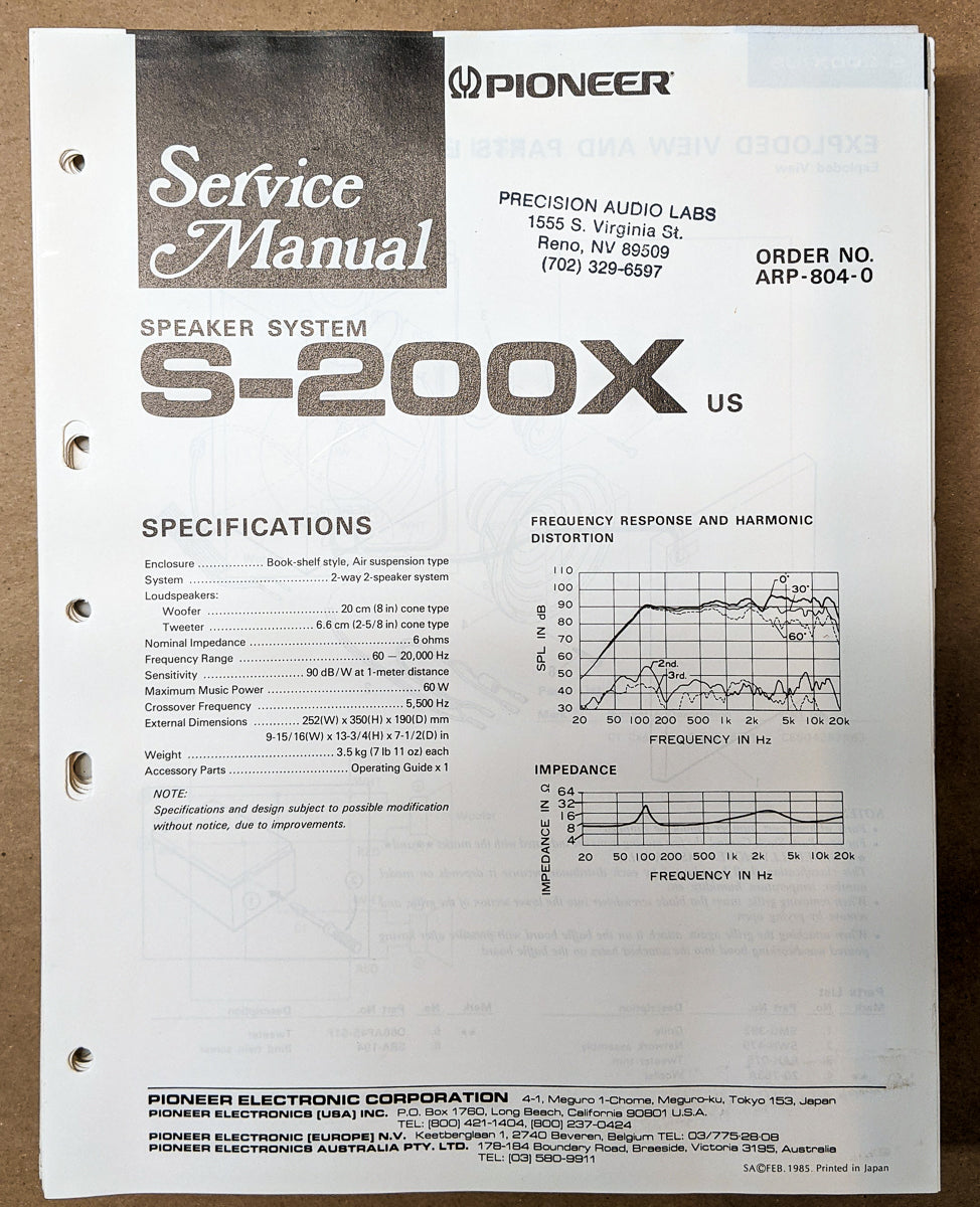 Pioneer S-200X Speaker Service Manual *Original*
