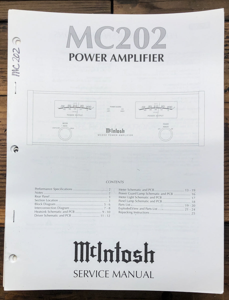 McIntosh MC202 MC-202 Amplifier Service Manual *Original*