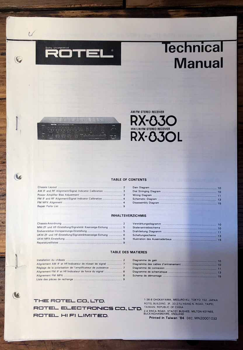 Rotel RX-830 RX-830L Receiver Service Manual *Original*