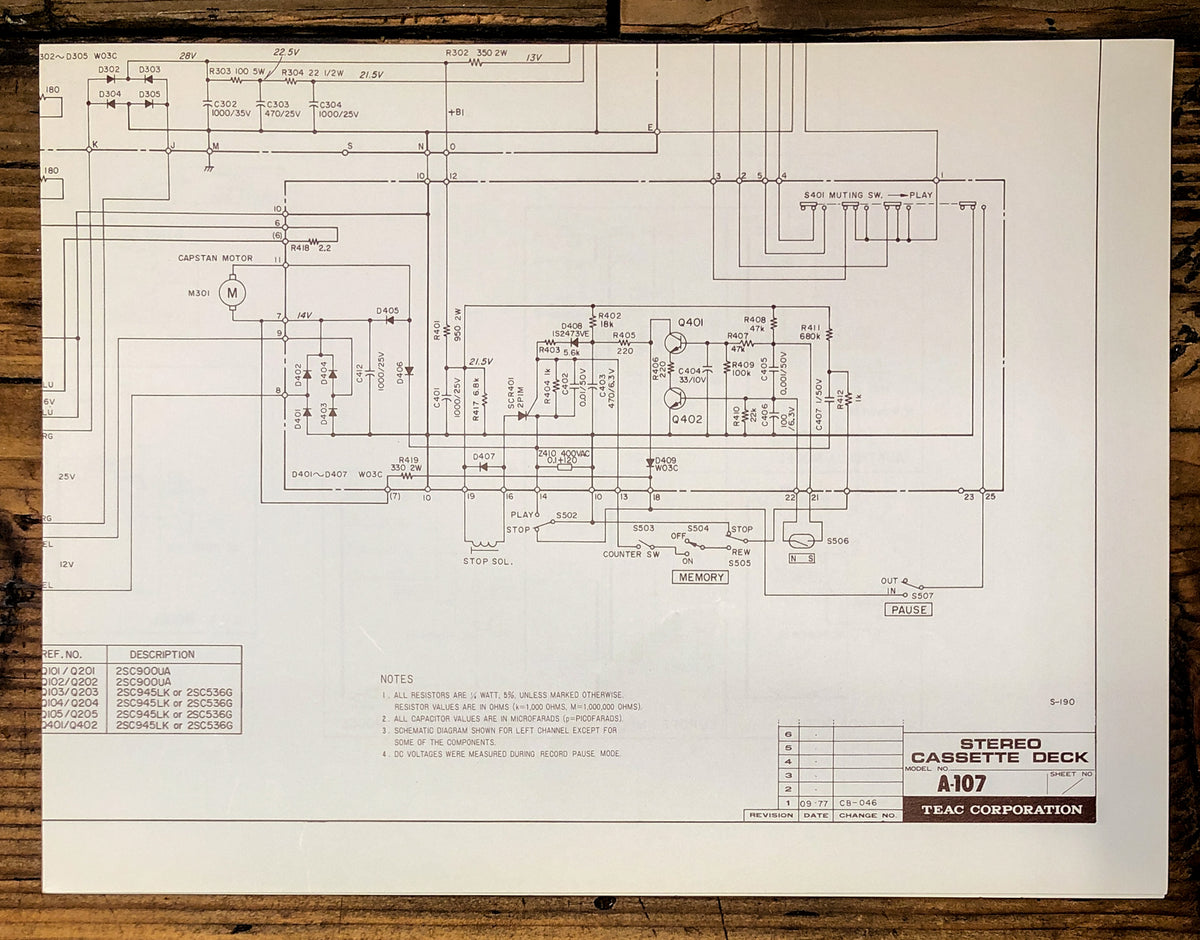 Teac A-107 Cassette Fold Out Schematic *Original*
