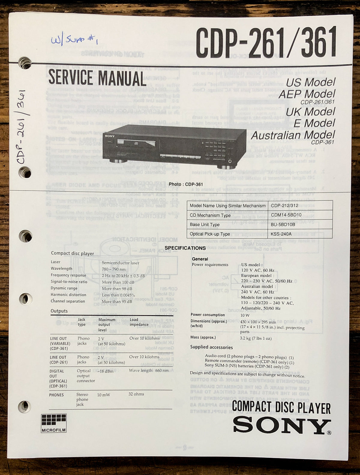 Sony CDP-261 CDP-361 CD Player Service Manual *Original*