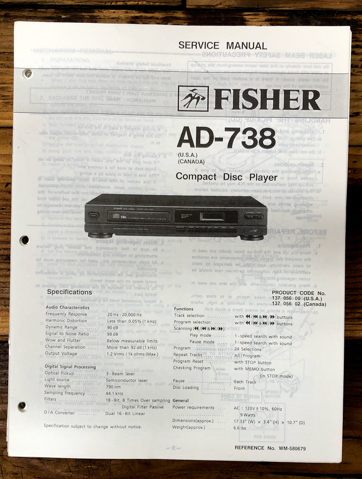 Fisher AD-738 CD Player Service Manual *Original*