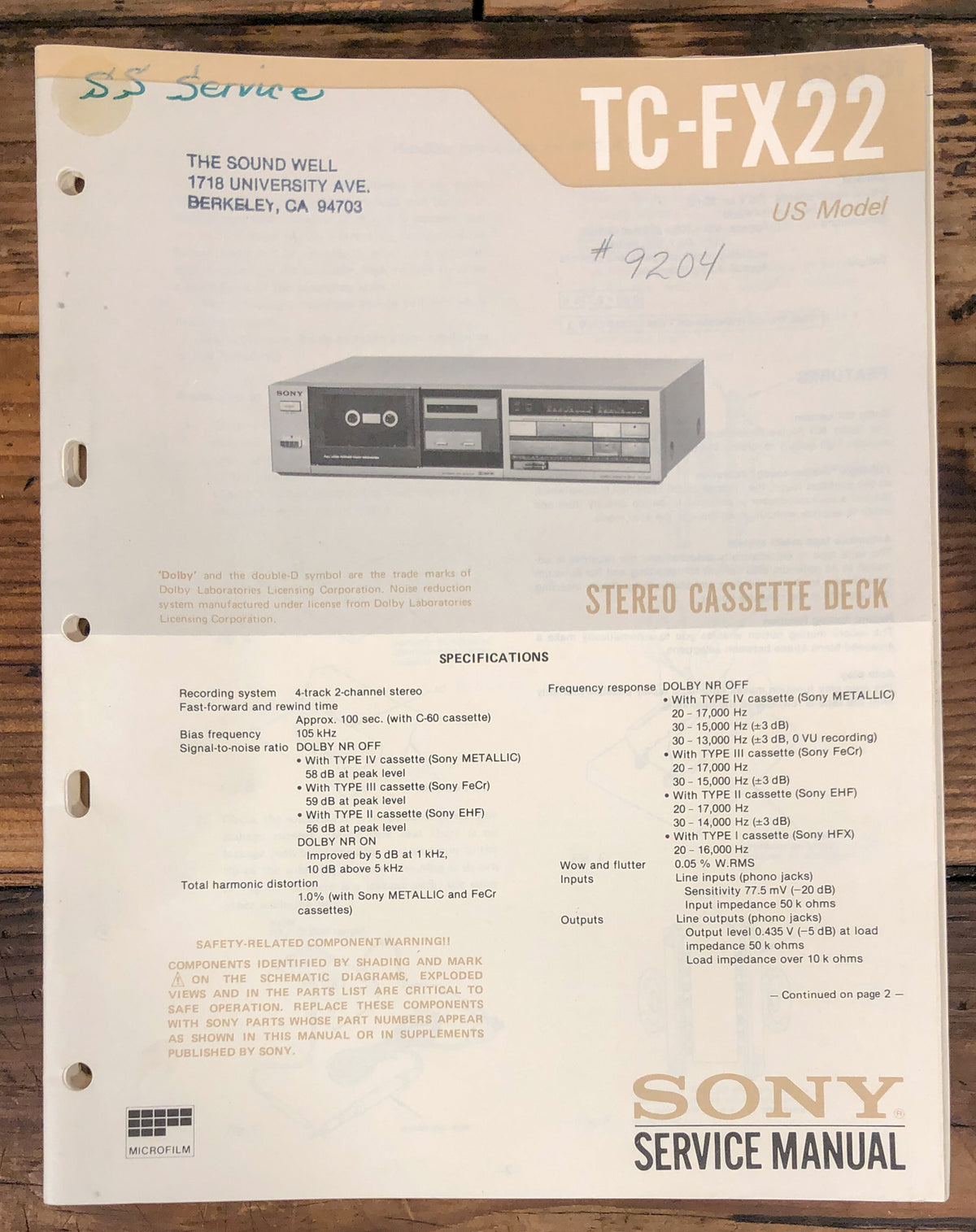 Sony TC-FX22 Cassette Service Manual *Original*