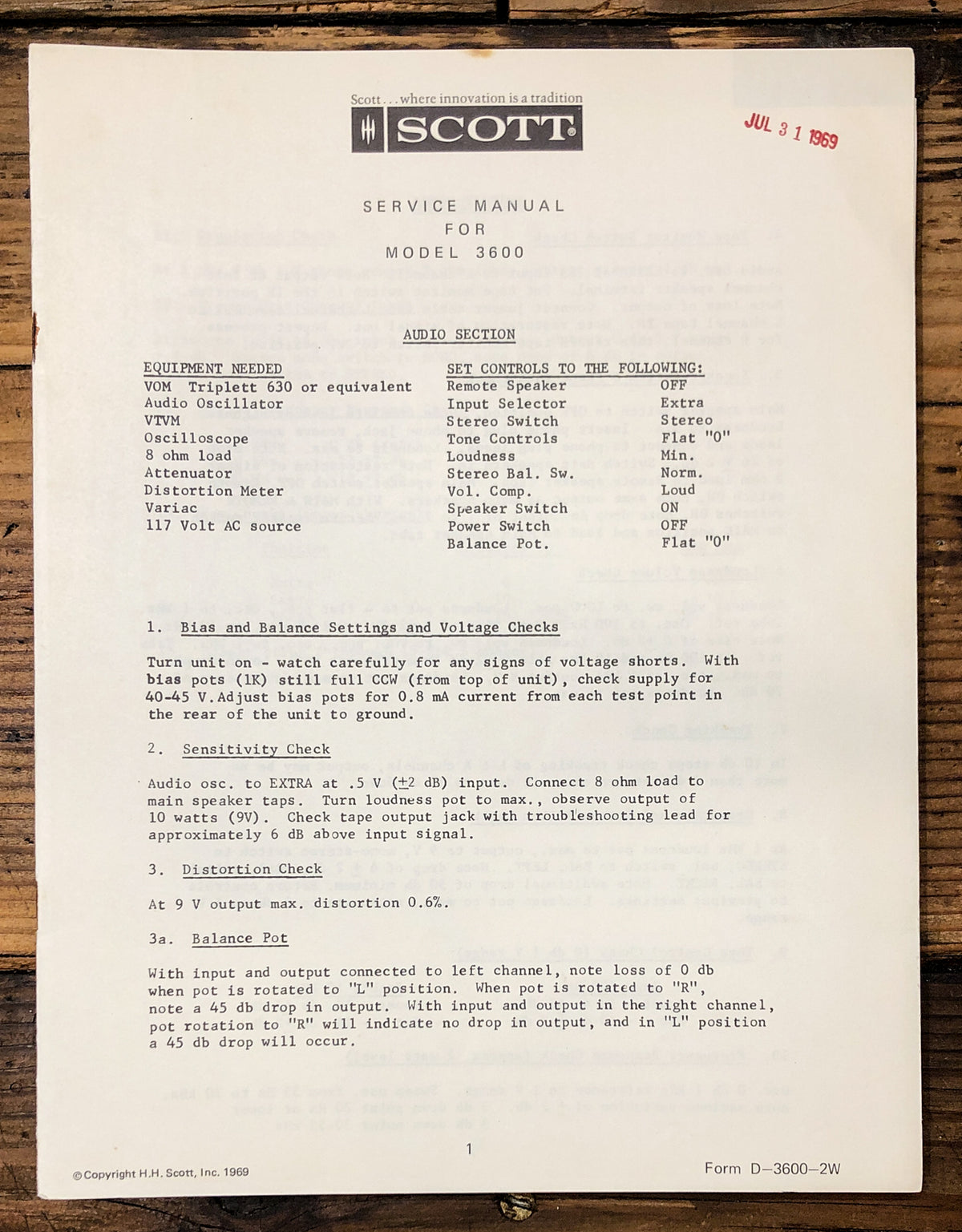Scott Model 3600 Receiver Service Manual *Original*