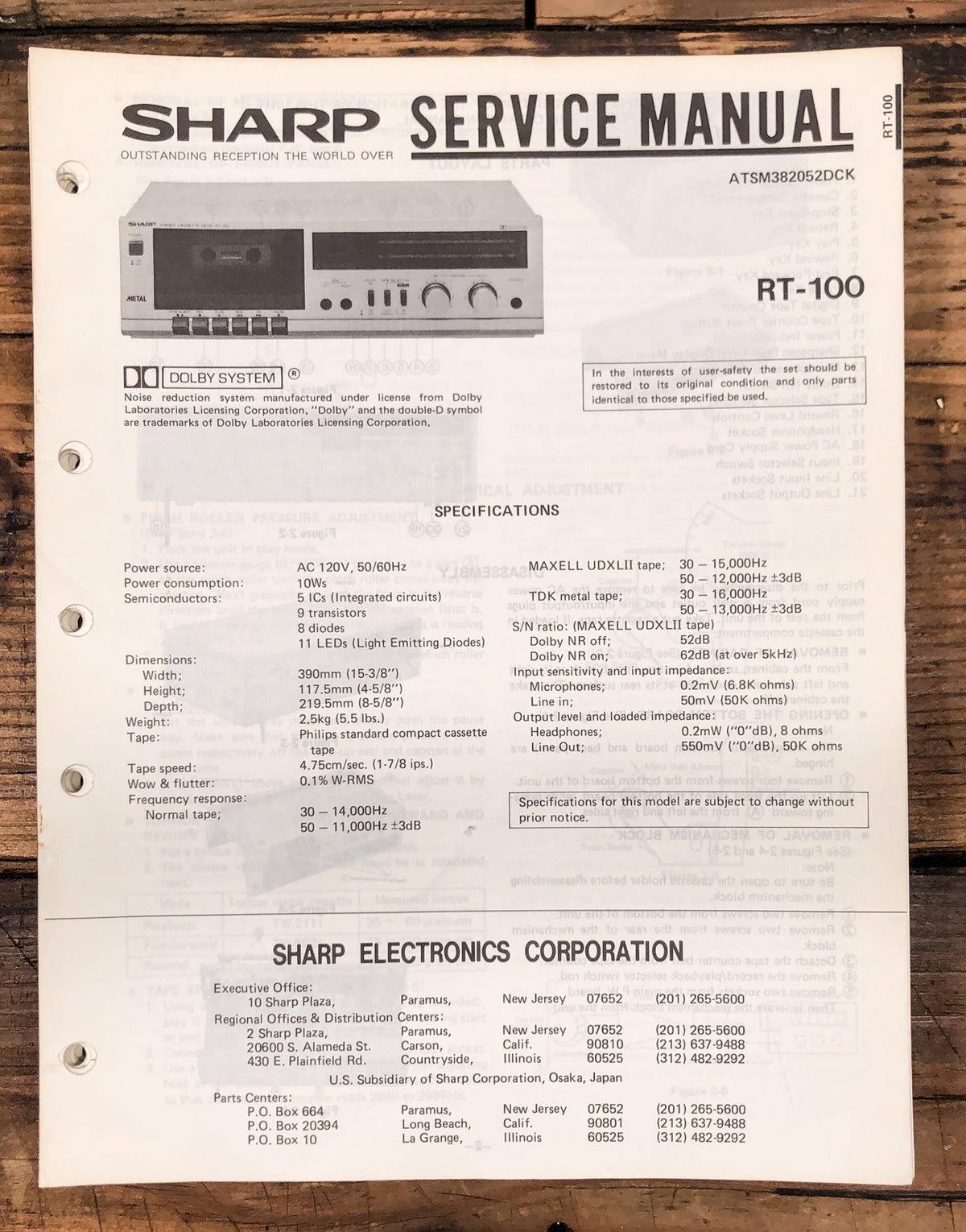 Sharp RT-100 Cassette Service Manual *Original*