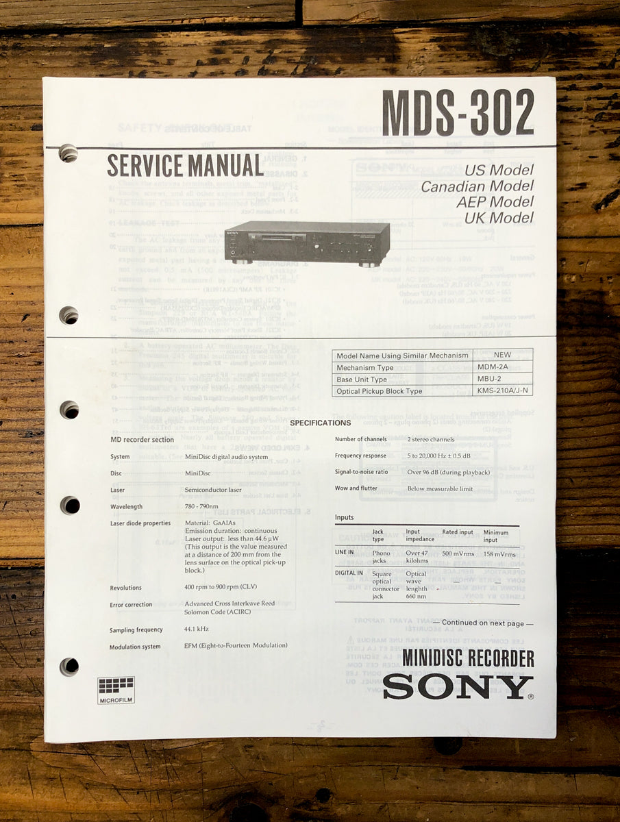 Sony MDS-302 MD Recorder Service Manual *Original*