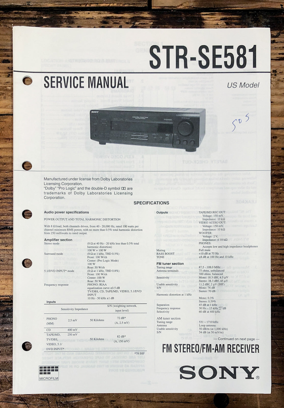 Sony STR-SE581 Receiver Service Manual *Original*