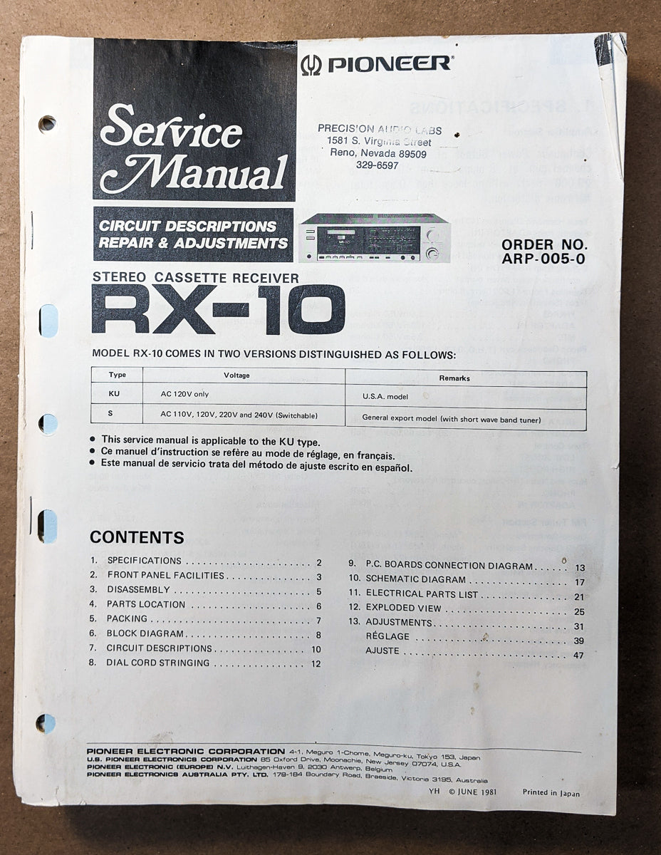Pioneer RX-10 Receiver Service Manual *Original*