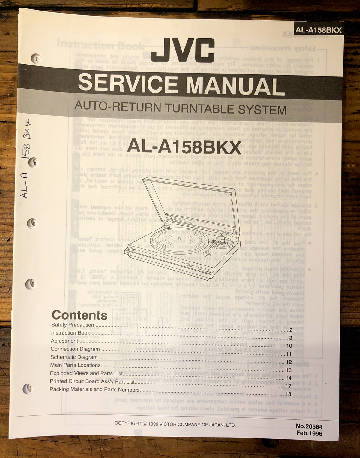JVC AL-AL158BKX -AL158 BKX Record Player / Turntable Service Manual *Original*