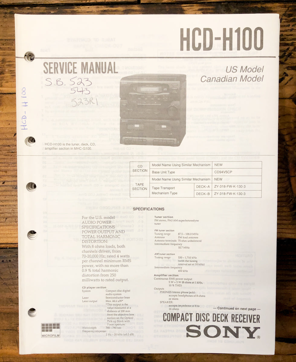 Sony HCD-H100 Stereo Service Manual *Original*