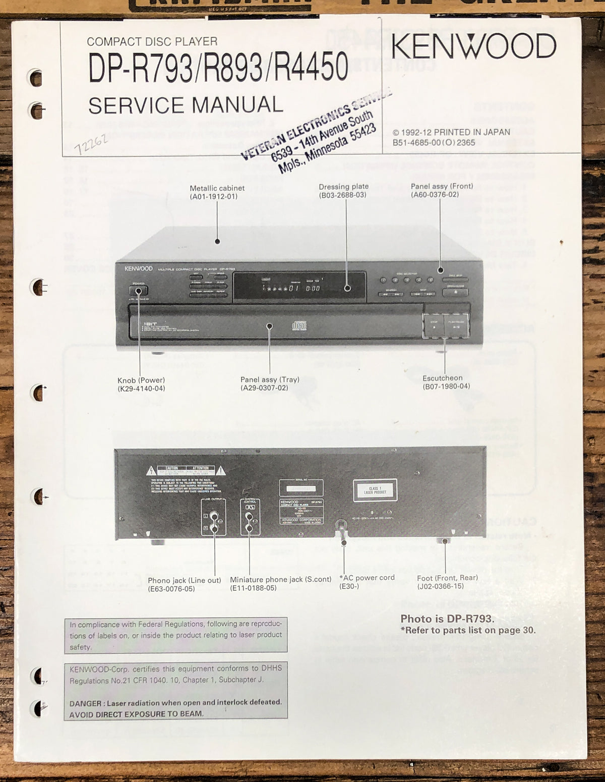 Kenwood DP-R793 -R893 -R4450 CD Player Service Manual *Original*