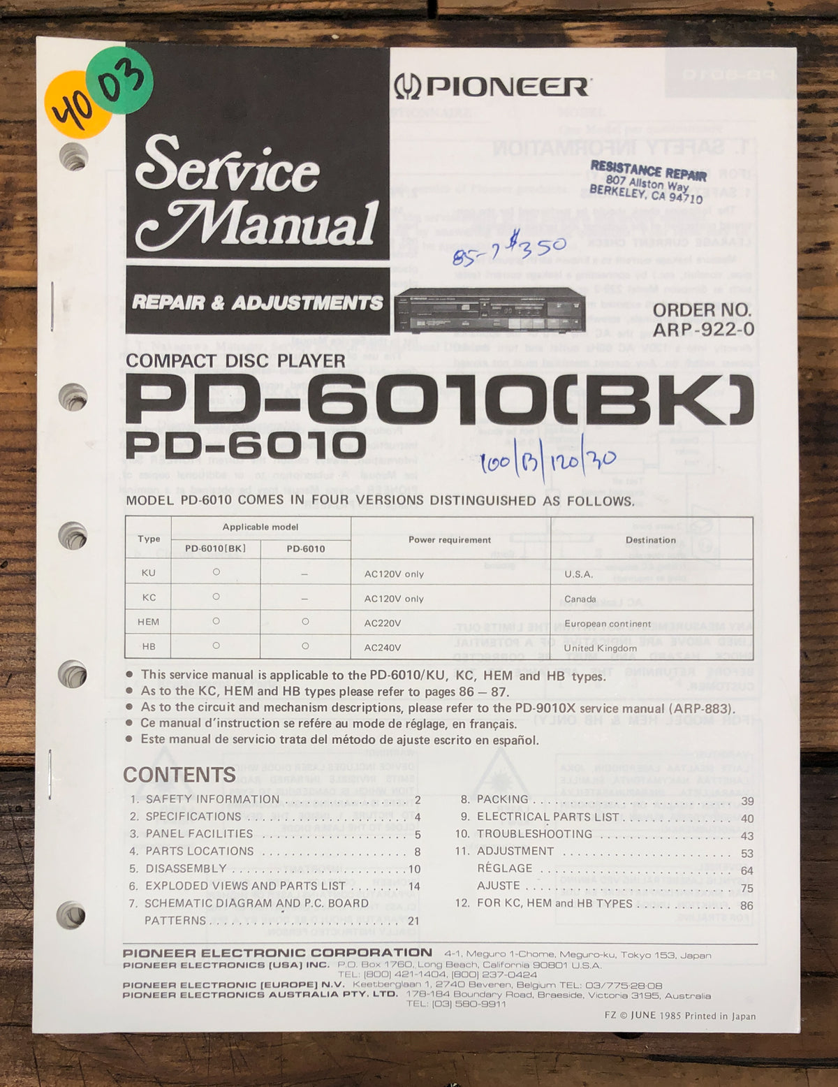 Pioneer PD-6010 CD Player Service Manual *Original*