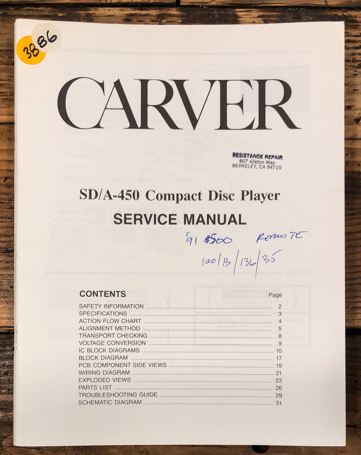 Carver SD/A-450 CD Player Service Manual *Original*