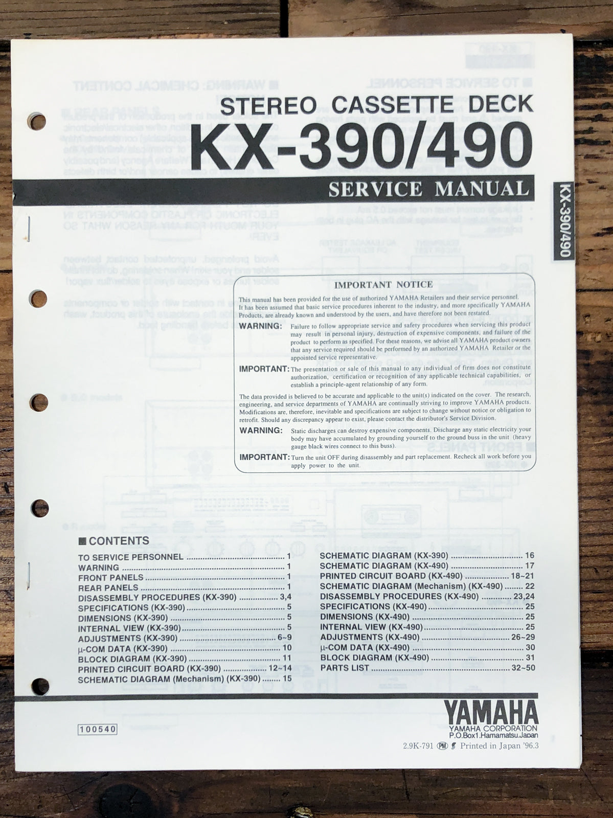 Yamaha KX-390 KX-490 Cassette Service Manual *Original*