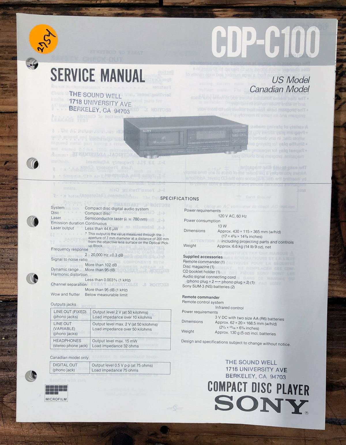 Sony CDP-C100 CD Player Service Manual *Original*