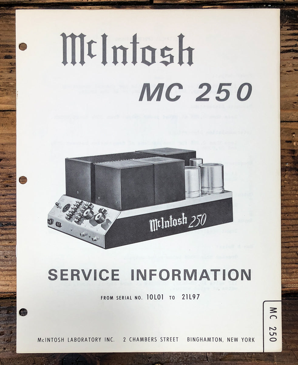 McIntosh MC-250 MC250 Amplifier 10L01 to 21L97 Service Manual *Original*