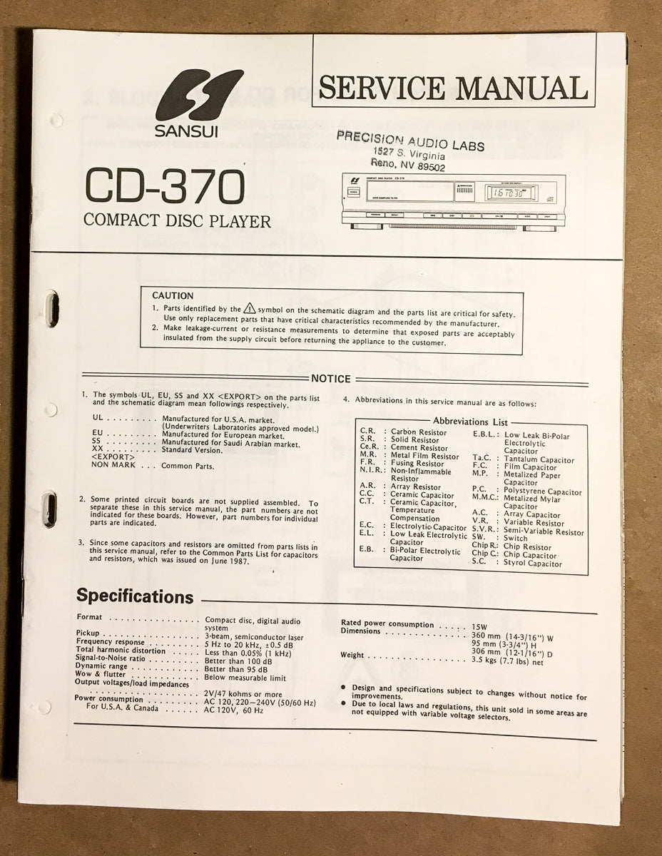 Sansui CD-370 CD Player Service Manual *Original*