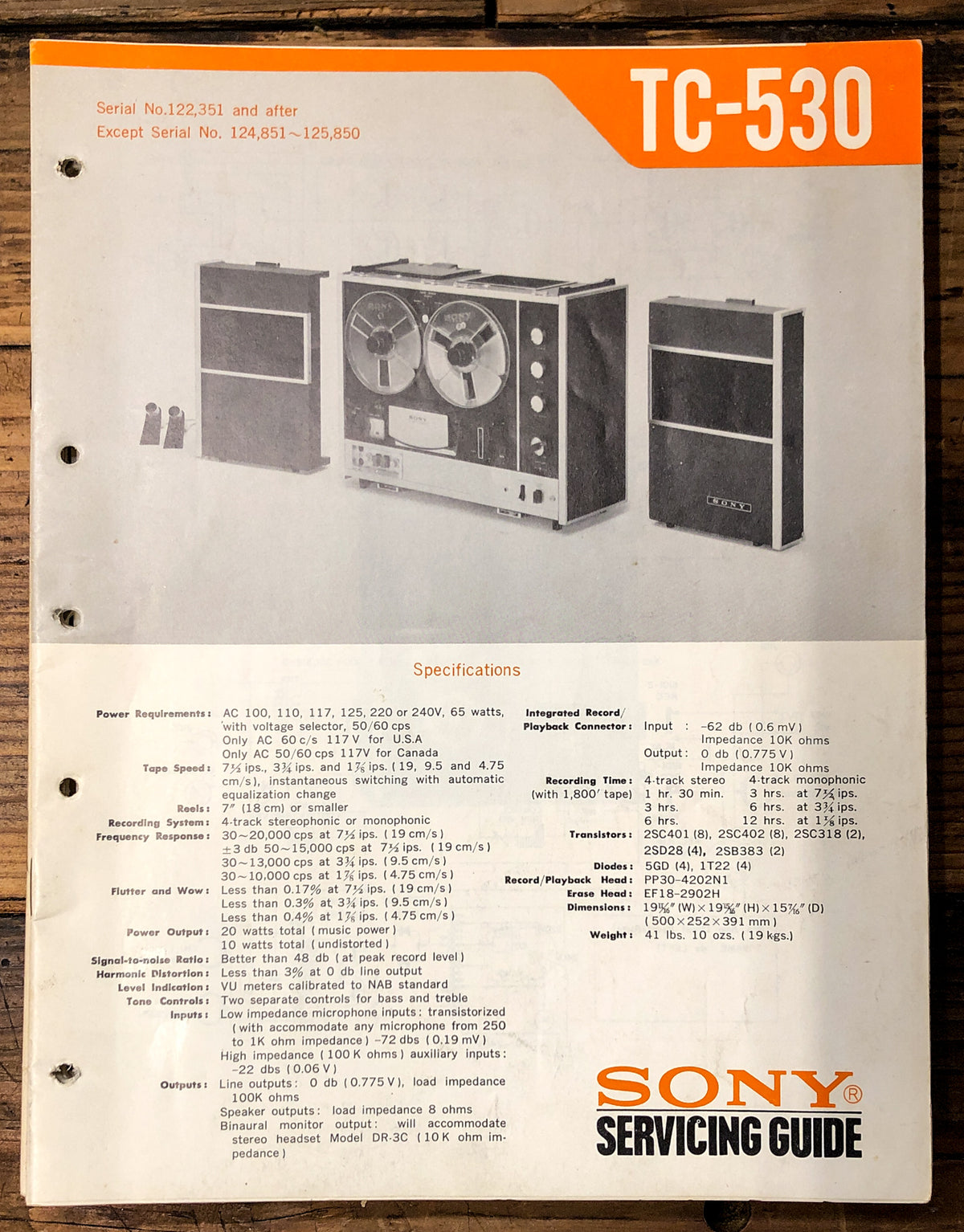 Sony TC-530 Reel to Reel Service Manual *Original*