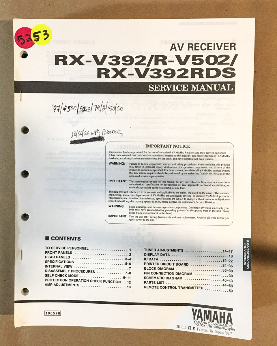 Yamaha RX-V392 RDS R-V502 Receiver Service Manual *Original*