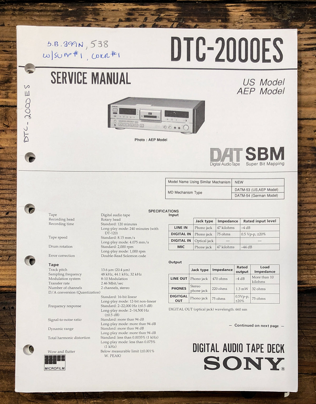 Sony DTC-2000ES DAT Tape Deck Service Manual *Original*