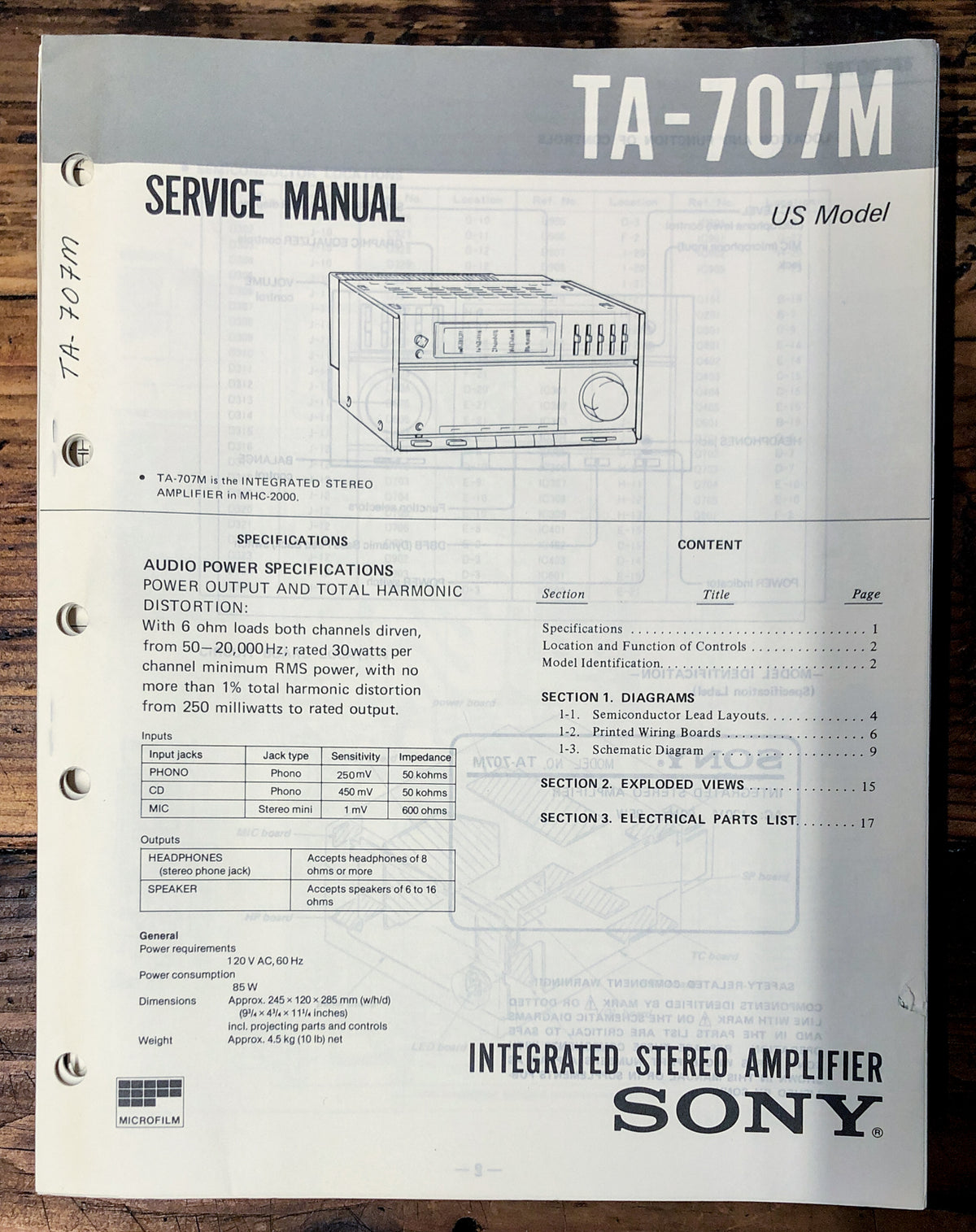 Sony TA-707M Amplifier Service Manual *Original*