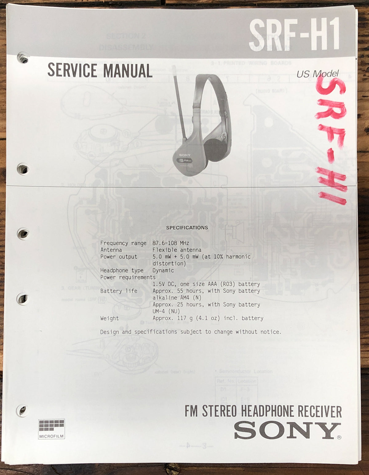 Sony SRF-H1 Portable Radio / Receiver Service Manual *Original*