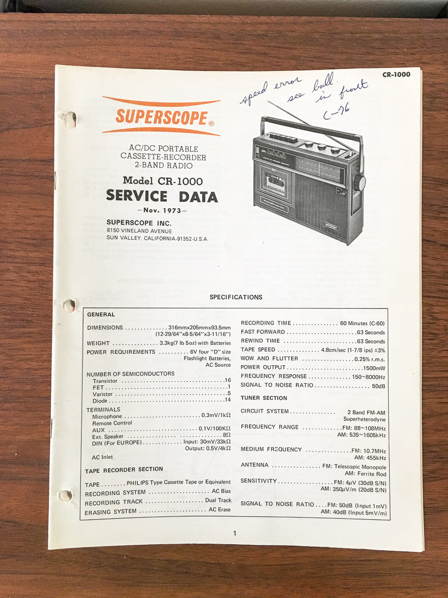 Superscope CR-1000 Radio / Cassette Service Manual *Original*