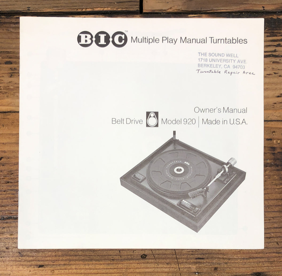 BIC Model 920 Record Player / Turntable Owner / User Manual *Original*
