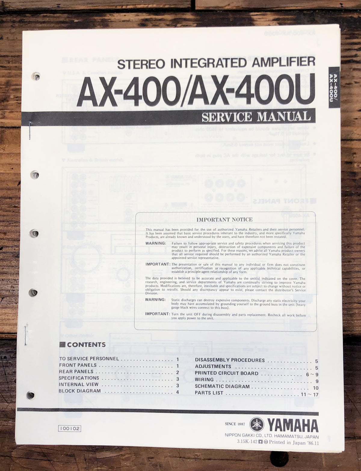 Yamaha AX-400 AX-400U Amplifier Service Manual *Original*