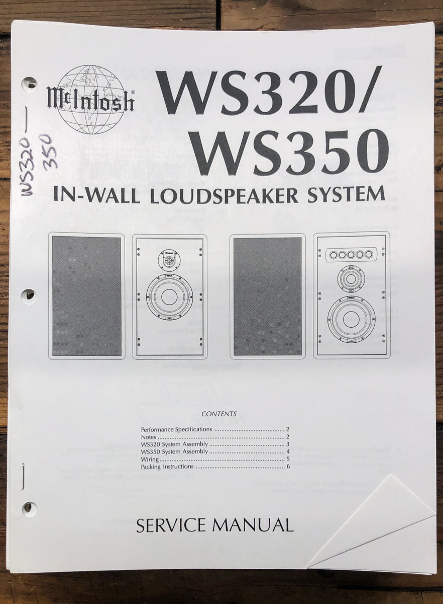 McIntosh WS320 WS350 Speaker Service Manual *Original*