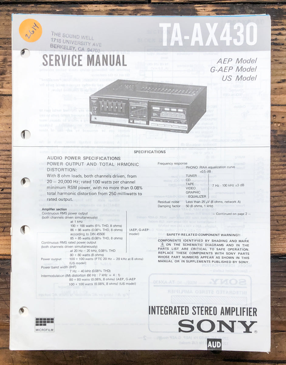 Sony TA-AX430 Amplifier Service Manual *Original*