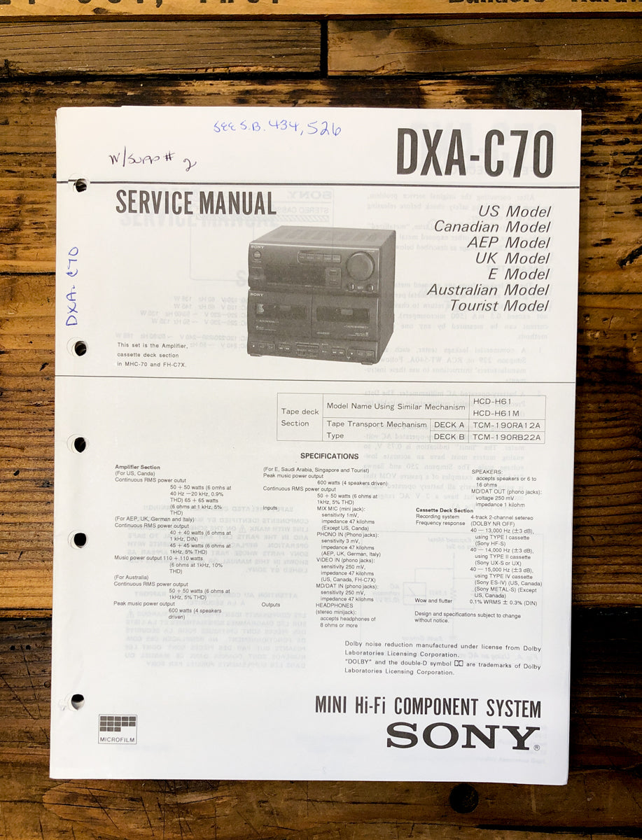 Sony DXA-C70 Stereo Service Manual *Original*