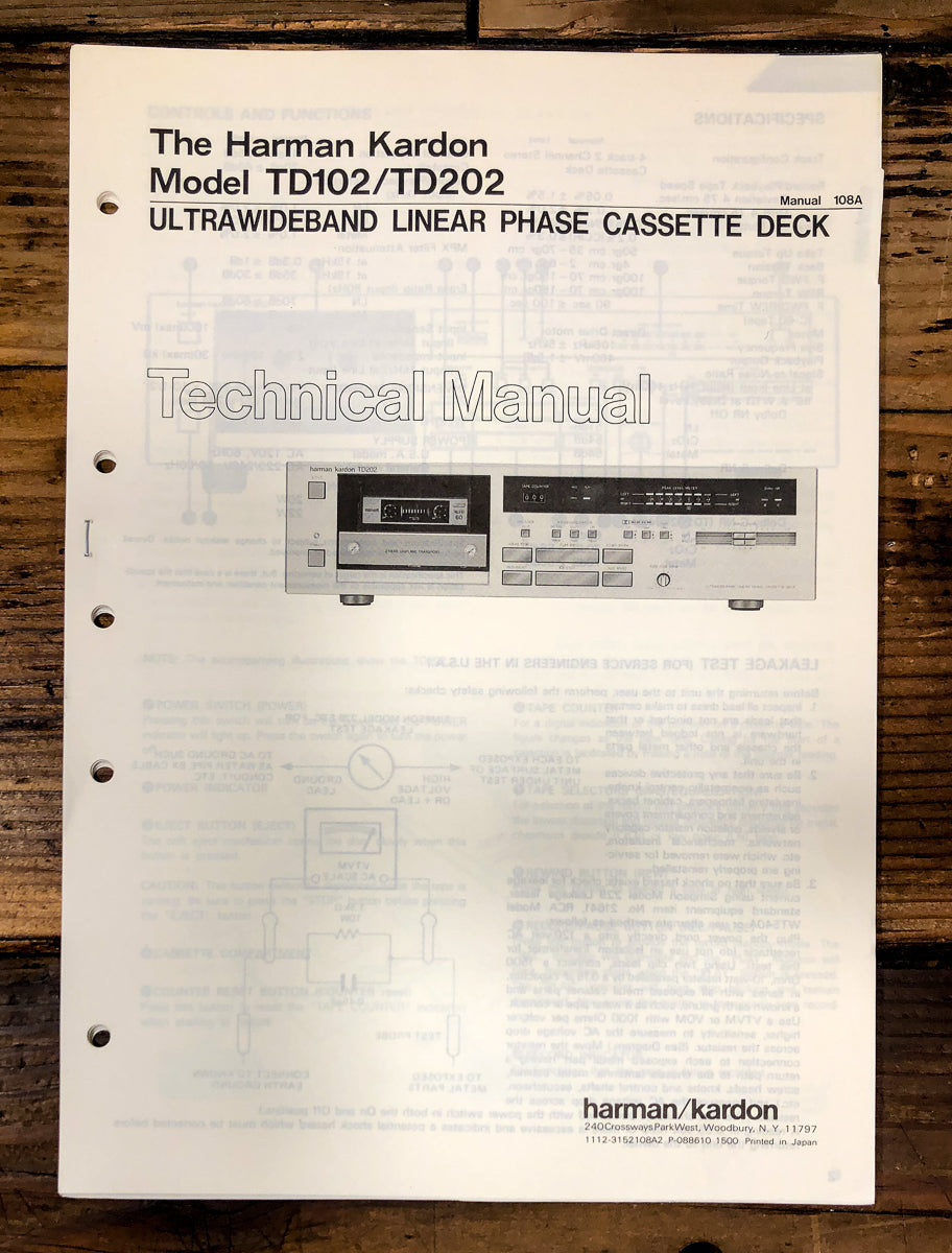 Harman Kardon TD102 TD202 Cassette Service Manual *Original*