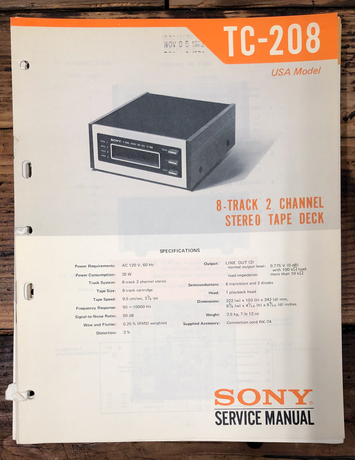 Sony TC-208 8 Track Service Manual *Original*