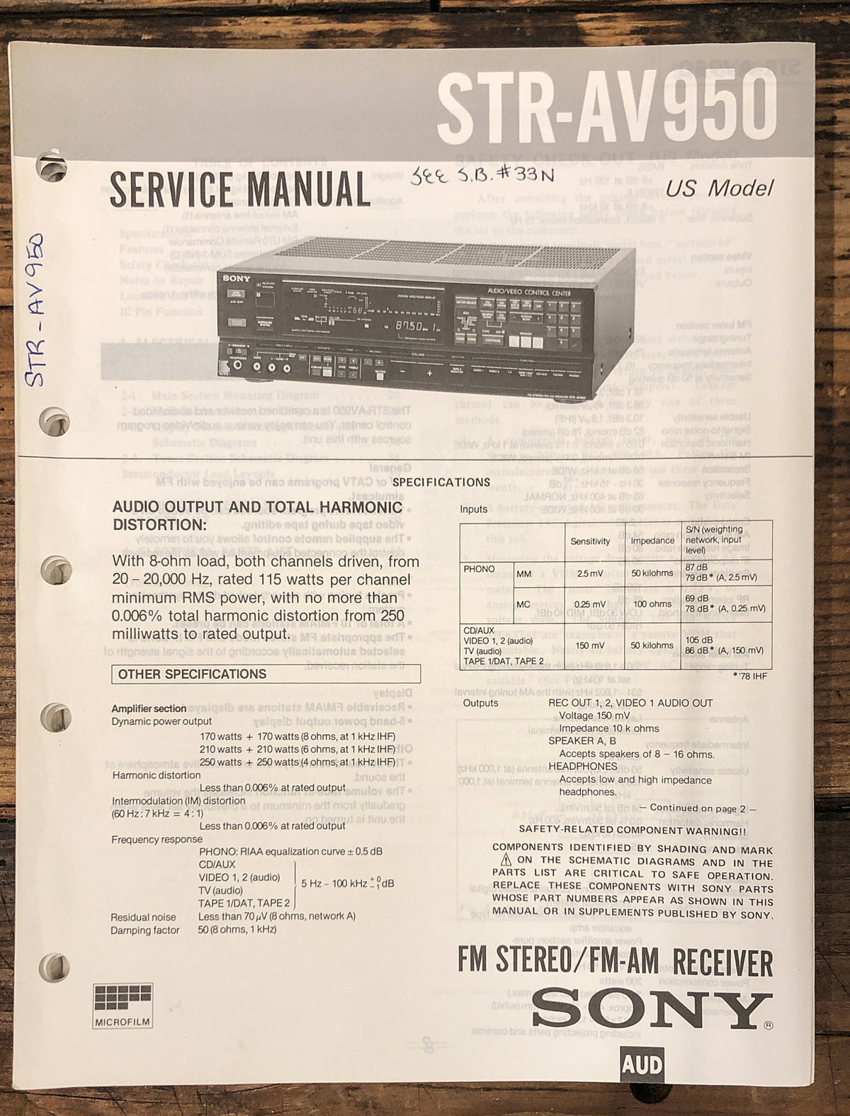 Sony STR-AV950 Receiver Service Manual *Original*