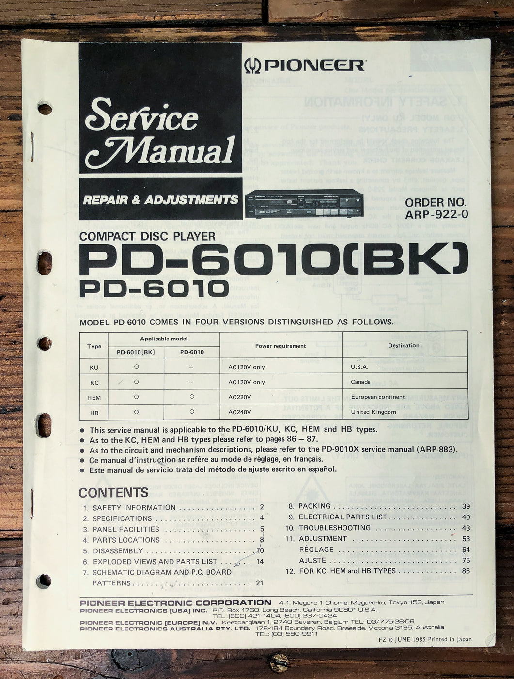 Pioneer PD-6010 CD Player Service Manual *Original*