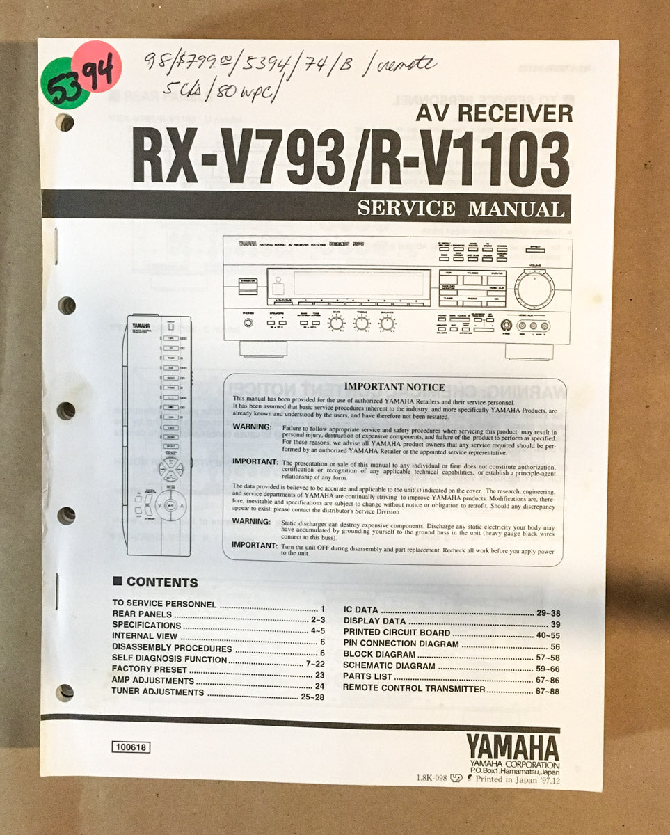 Yamaha RX-V793 R-V1103 Receiver Service Manual *Original*