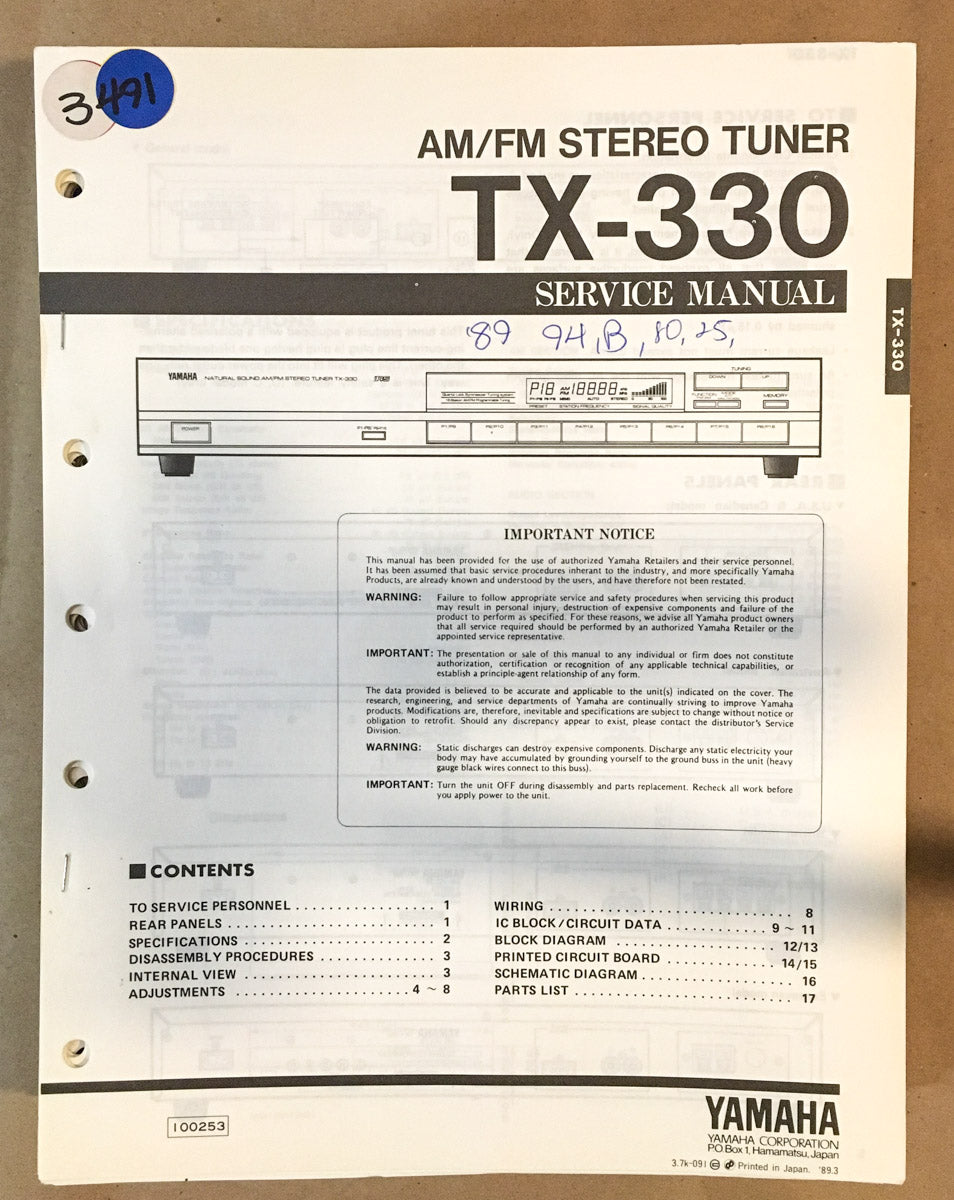 Yamaha TX-330 Tuner Service Manual *Original*
