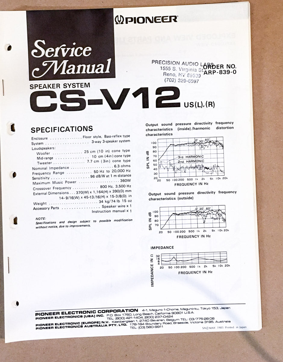 Pioneer CS-V12 SPEAKER Service Manual *Original*
