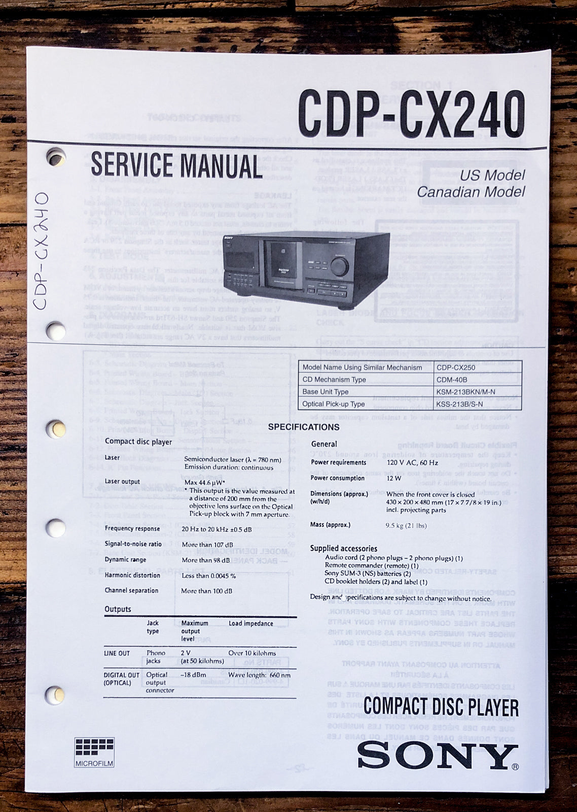 Sony CDP-CX240 CD Player Service Manual *Original*