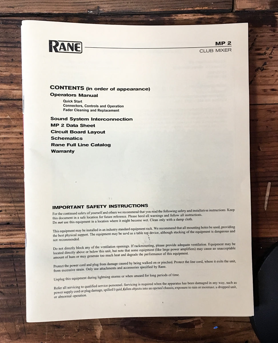 Rane MP 2 Club Mixer Owner / User Manual *Original*