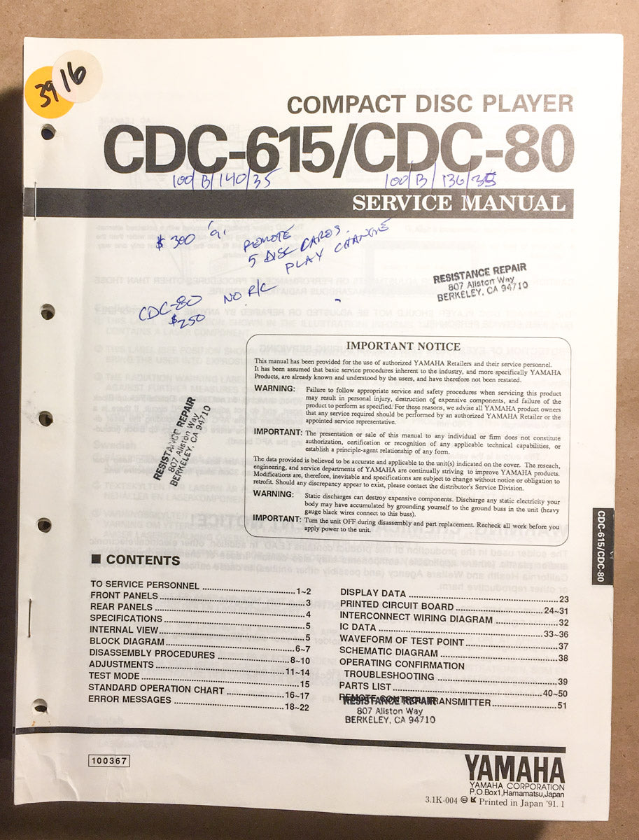Yamaha CDC-615 CDC-80 CD Player Service Manual *Original*