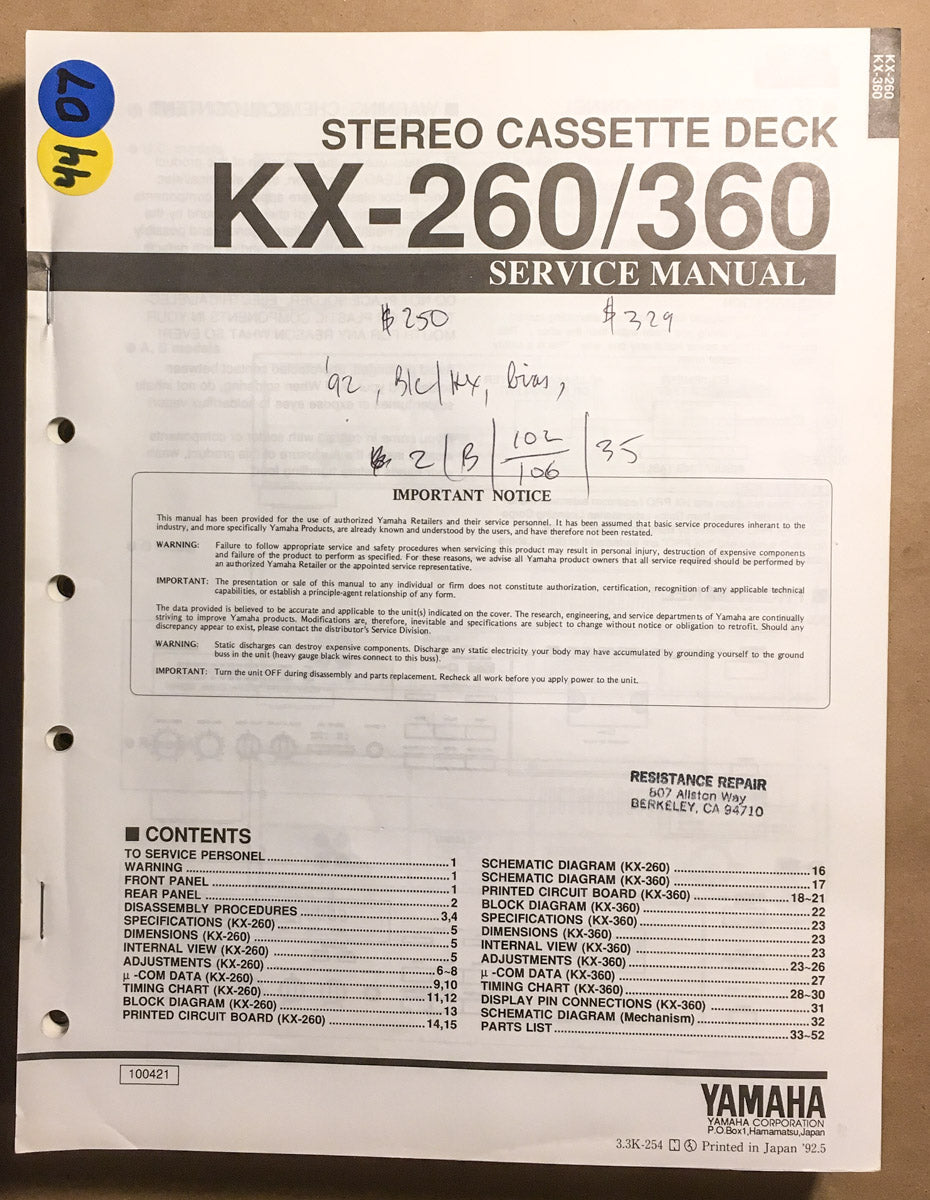 Yamaha KX-260 KX-360 Cassette Service Manual *Original*