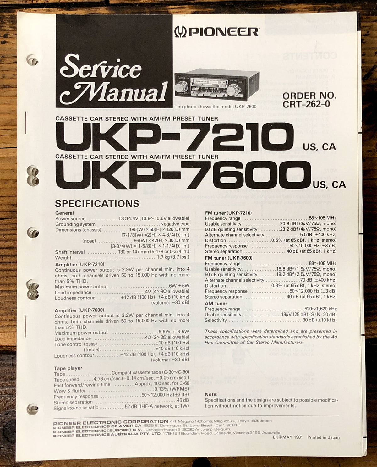 Pioneer UKP-7210 UKP-7600 Car Stereo Service Manual *Original*