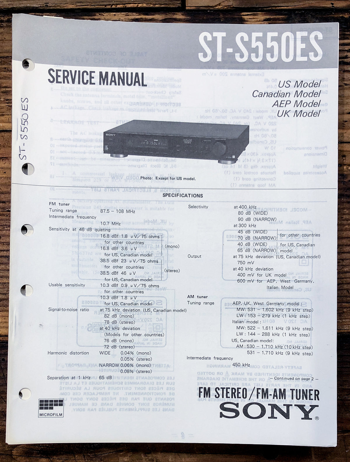Sony ST-S550ES Tuner Service Manual *Original*