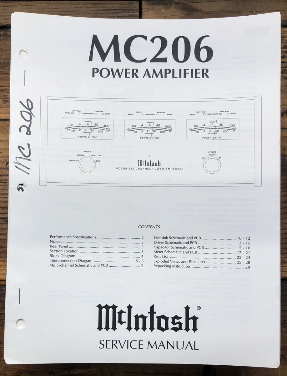 McIntosh MC206 MC-206 Amplifier Service Manual *Original*