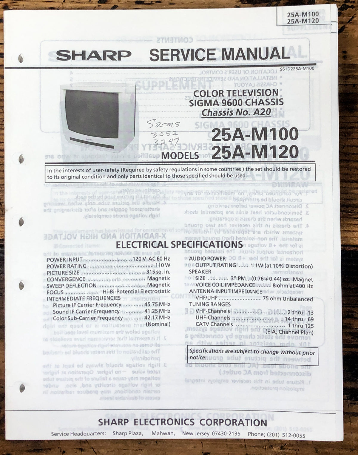 Sharp 25A-M100 M120 TV / Television Service Manual *Original*