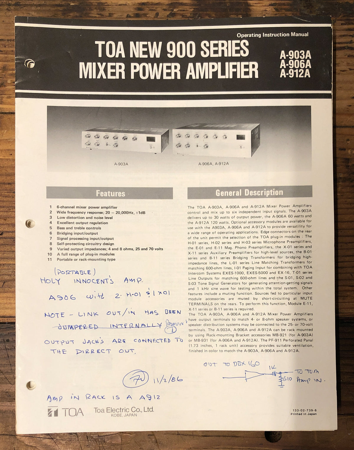 TOA A-903A -906A -912A Amplifier Owners Manual & Schematic *Orig*