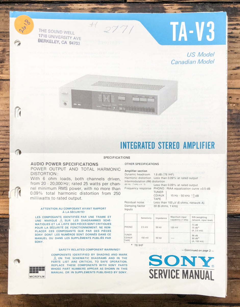 Sony TA-V3 Amplifier Service Manual *Original*